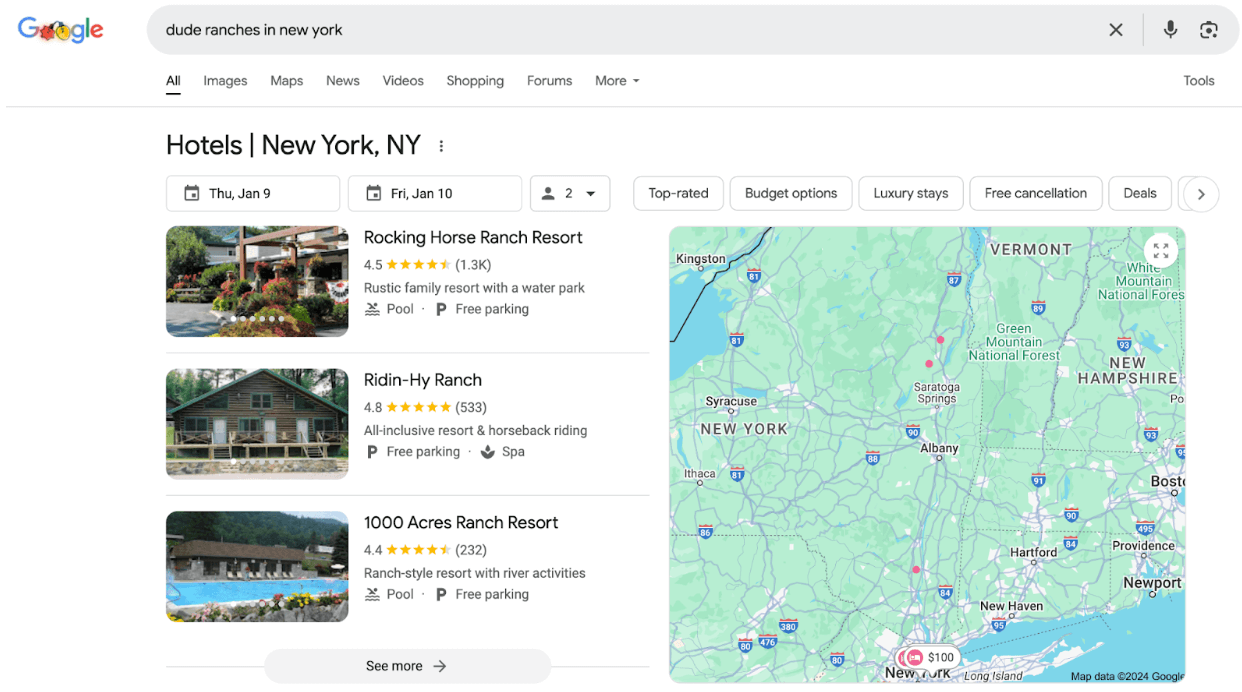 Resultados de búsqueda en Google de ranchos de vacaciones en nueva york.